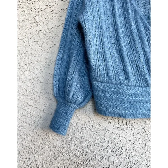 SEZANE Blue Mohair Wool V Neck Crossover Cristina Sweater Balloon Sleeve Jumper - Picture 12 of 17